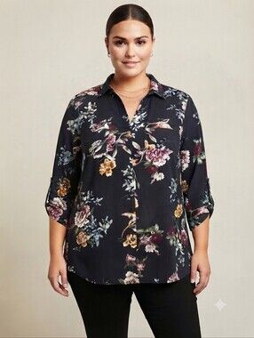 Kismet XXL Dark Floral Roll Tab Sleeve High Low Blouse Business Casual
